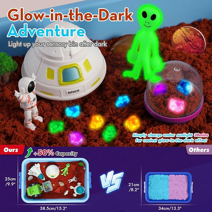 KNASON Outer Space Sensory Bin with Glow in The Dark Alien and Gems for Boy | 2.2lbs Sensory Play Sand Kit, Sandbox with Lid, Planets and Space Toys, Bulldozer, Gift for Kids Ages 3-8, Indoor and Outdoor