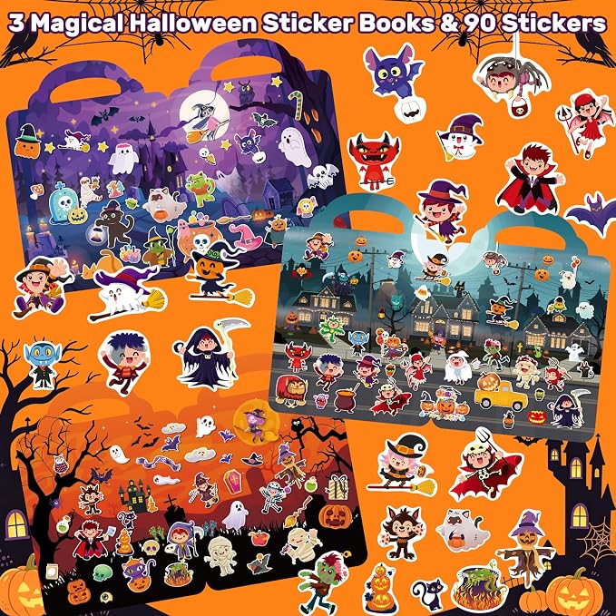 Elfew 3 Pack Halloween Reusable Sticker Books for Toddlers 2-4 | 3D Puffy Sticker Book for Kids Ages 3-5, Halloween Stickers for Kids, Halloween Gifts & Toys for Toddlers