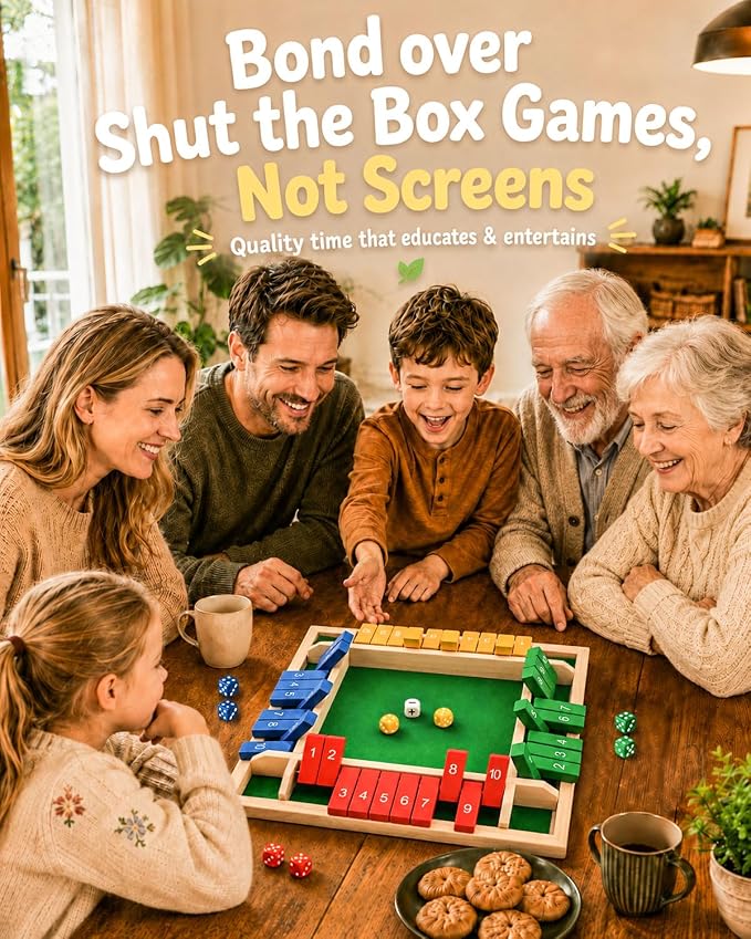 Upgraded 8.7-inch Shut the Box Game, Easy Quick and Fun Educational Math Game with 2 Symbolic Dice, 1-4 Players Wooden Board Games for Family Night Classroom Party, Tabletop Games for Kid Adult Senior
