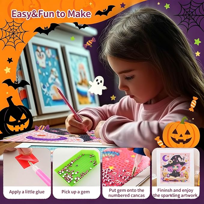 Gemozaic Halloween Diamond Art Kit for Kids Ages 6-8-12 with Frame, 7x7 in | Cute Witch Diamond Art for Kids 10 Year Old, DIY Big Gem Arts and Crafts for Boys and Girls Birthday Gift, Home Wall Decor