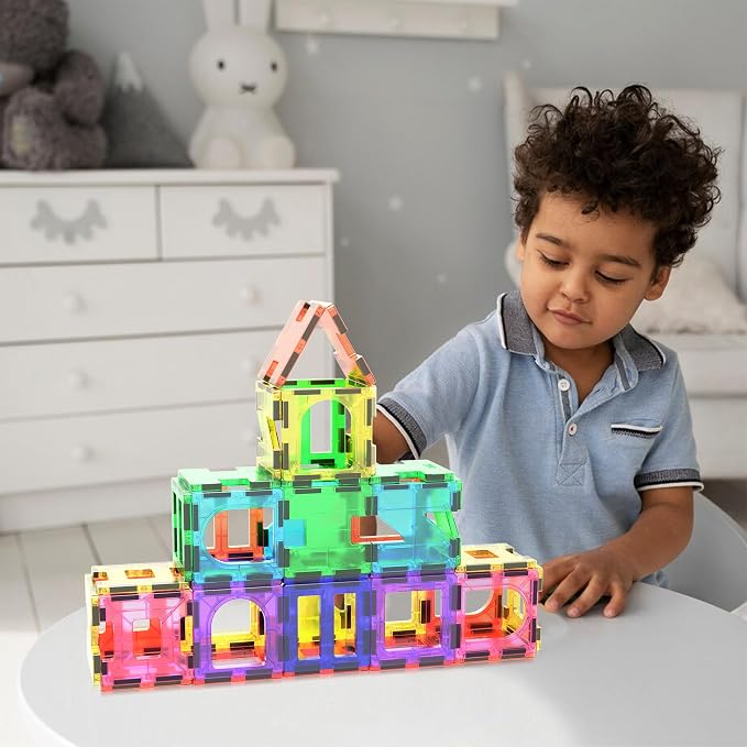 PicassoTiles Magnetic Tiles Building Blocks STEM Toy Set for Kids Ages 3+ | geometric shapes, educational preschool playset, clear window design, ideal starter pack, early brain learning, pretend play