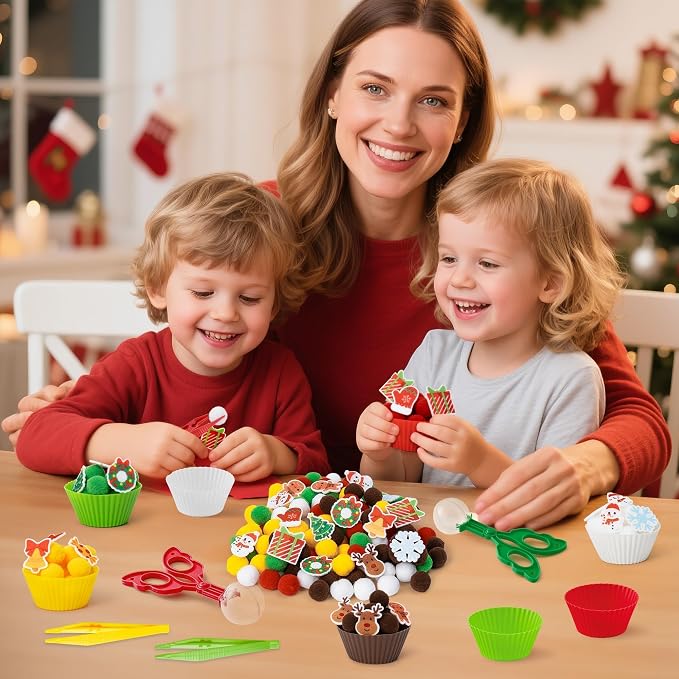 Christmas Sensory Bin Fillers, 266Pcs Fine Motor Toys | Counting Sorting Toys, Christmas Gift for Kids, Preschool Education Activities, Felt Xmas Tree Snowman, Pom Poms Cup Clip