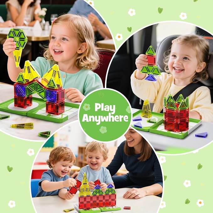 Mini Magnetic Tiles Travel Toys: 26PCS Set,Iron Storage Box,Car Activities | Portable Mini Building Blocks, Case Opens Into 9.4-Inch Play Board, Airplane, Road Trip & Outdoor Play for Toddlers Ages 3-8