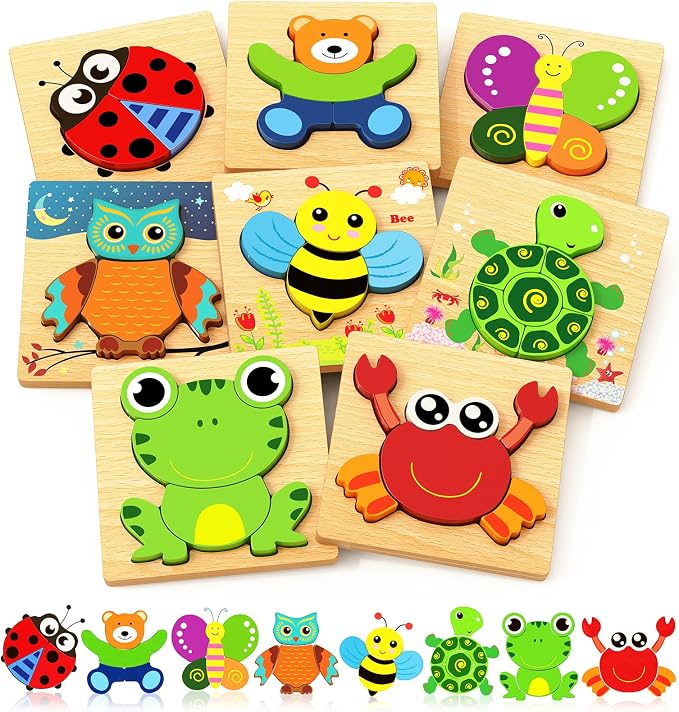 Bekayshad Wooden Puzzles for Toddlers 1-3, Montessori Toys for 1 2 Year Old | Toddler Puzzles, 1 2 Year Old Boy Girl Birthday Gifts, 8 Pack Animal Shape Jigsaw Puzzles, Learning Educational Preschool Toy