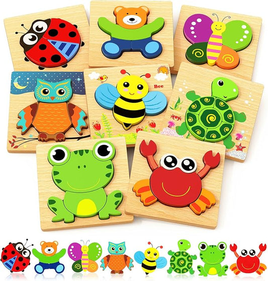 Bekayshad Wooden Puzzles for Toddlers 1-3, Montessori Toys for 1 2 Year Old | Toddler Puzzles, 1 2 Year Old Boy Girl Birthday Gifts, 8 Pack Animal Shape Jigsaw Puzzles, Learning Educational Preschool Toy