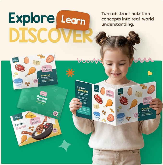 Baketivity Powerful Proteins Kids Nutrition Kit STEM Birthday Gift for Kids | Includes Recipes, Activity Booklet, and Protein-Themed Challenges an Educational Food Learning Kit for Homeschool Activities