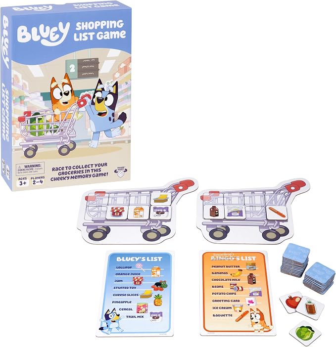 Bluey Shopping List Game, Memory & Matching Supermarket Game | Race to fill trolley with Bluey, Bingo, Bandit & Chilli, 2-4 players; family game for kids ages 3+
