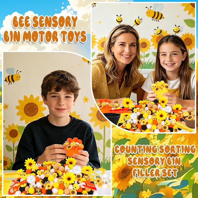 282PCS Bee Sensory Bin Filler Spring Summer Bee Fine Motor Sensory Bin Items Includes Pom Poms Sunflower Bee Honeycomb Resin for Counting Sorting Training