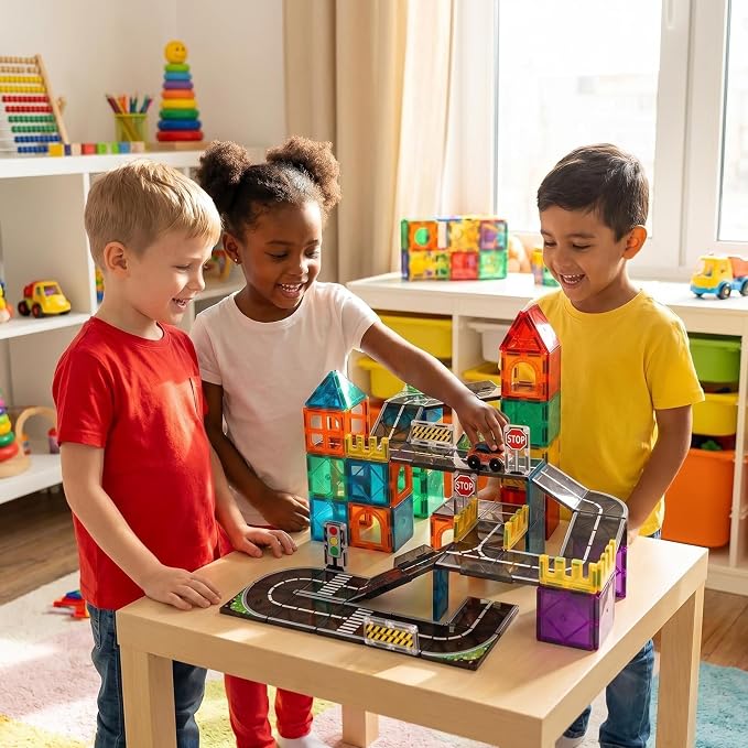Magnetic Tiles Road Set, 89 PCS Magnetic Building Blocks with Roads | Bridges & Ramps, STEM City Building Toys for Kids Ages 3-8, Educational Construction Magnet Toys, Gifts for Boys Girls
