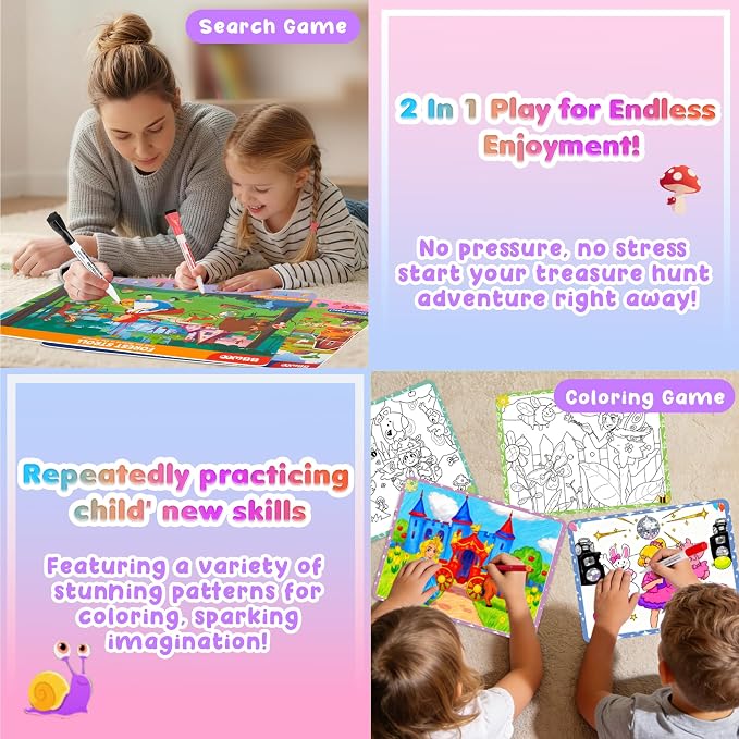 Search and Find Activity Books, 2 In 1 Princess Seek Game Coloring Books | Preschool Educational, Travel Games Toys for Car Airplane, Road Trip Activities for Kids, Birthday Gifts Kids Ages 3-8