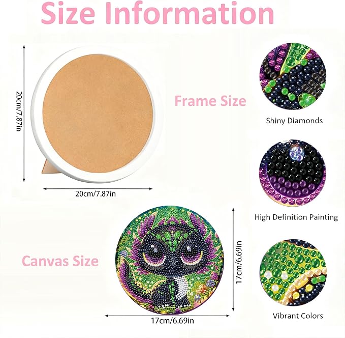 Gemozaic Dragon Diamond Art Kits for Kids Ages 8-12, Round Frame, 8 x 8 in | Black Dragon Diamond Art for Kids 10 Year Old, DIY Easy Kid Gem Painting, Cute Animal Arts and Crafts for Girl Birthday Gift