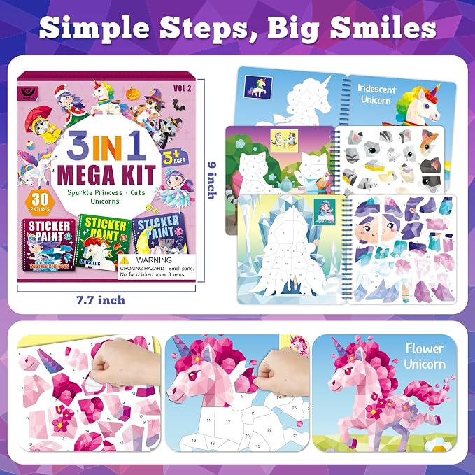 Elite Panda Sticker by Number Books for Kids Ages 4-8, 3-Pack, Unicorn Cat | 30 Sticker Pictures. Paint with Stickers Activity for Girls & Boys. Travel Toys, Car Rides & Quiet Time. Birthday Gift