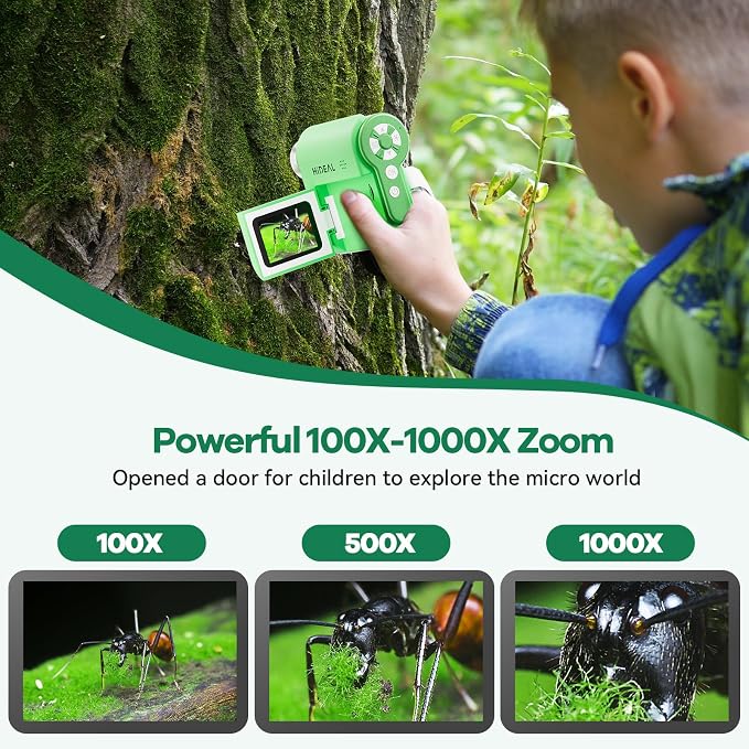 Hideal HP20 IPS Microscope for Kids: [3-in-1] [Easy and Fun] 2" Portable Handheld Microscope Miniscope, Pocket Mini Scope Educational Science Kit, Christmas Birthday Gifts for Kids, 32GB, Green