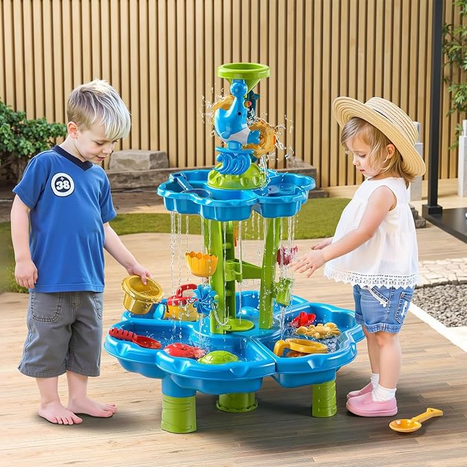 HeySplash Water Table for Toddlers 3-Tier with Toy Accessories | Kids Water and Sand Activity Sensory Playset, Sand Table Summer Splash Sensory Table for Outdoor Beach Backyard Garden, Blue