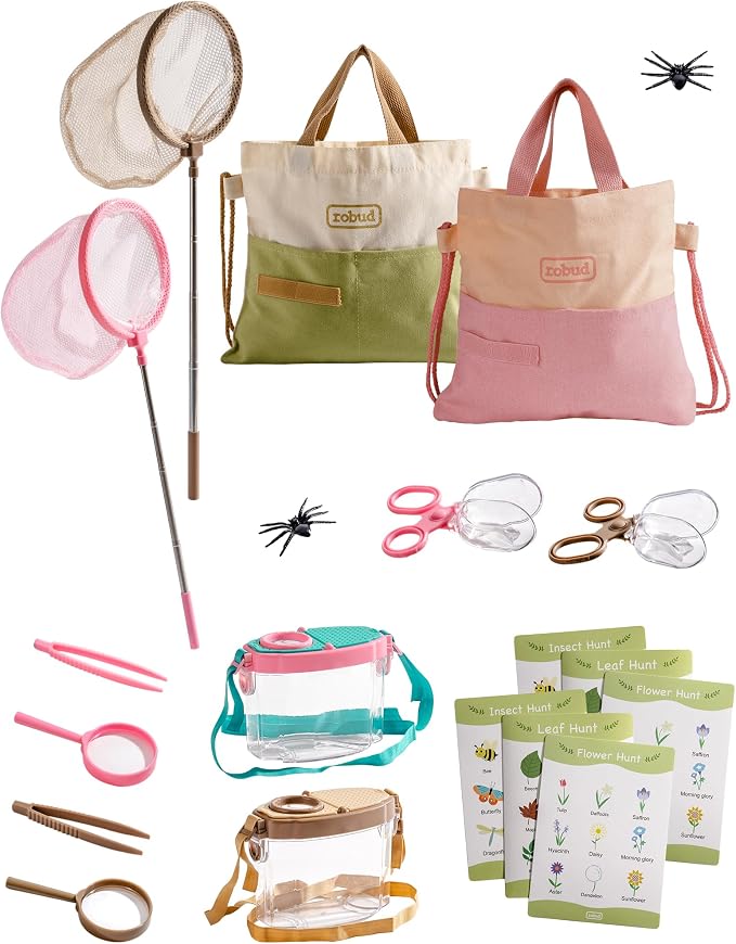 ROBUD Dual Bug Catcher for Kids,Includes 1 Pink and 1 Green, Bug Catching Kit with Bag Kit, Outdoor Exploration Set for Camping, Montessroi Toy for Kids Coming Closer to Nature，WRP61