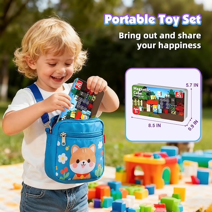 GraceDuck Magnetic Blocks with Iron Box, Obsidian Nether Portal 45 PCS Travel Magnetic Building Blocks, STEM Educational Building Set Construction Toys for Kids Ages 3+, Building Toys