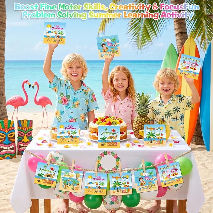 Fennoral 24 Pack DIY Coloring Summer Jigsaw Puzzle Craft Kit for Kids | Make Your Own Jigsaw Puzzle with Base Design, 4.7 Inch Bulk Craft Supplies for Classroom, Luau Party & Birthday Gifts
