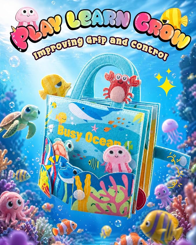 Montessori Busy Book for Toddlers, 8-Page Sensory Activity Book for Fine Motor Skills & Basic Dress Learning, Portable Travel Toy for Preschool Kids, Birthday Gift for Boys and Girls (Sea animals)