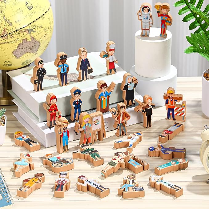 Blosssound 30 Pcs Community Helpers Blocks Preschool Community Helpers | Wooden People for Dramatic Play Center, Multicultural Career Toys, Pretend Games for Kids Classroom, Educational Blocks