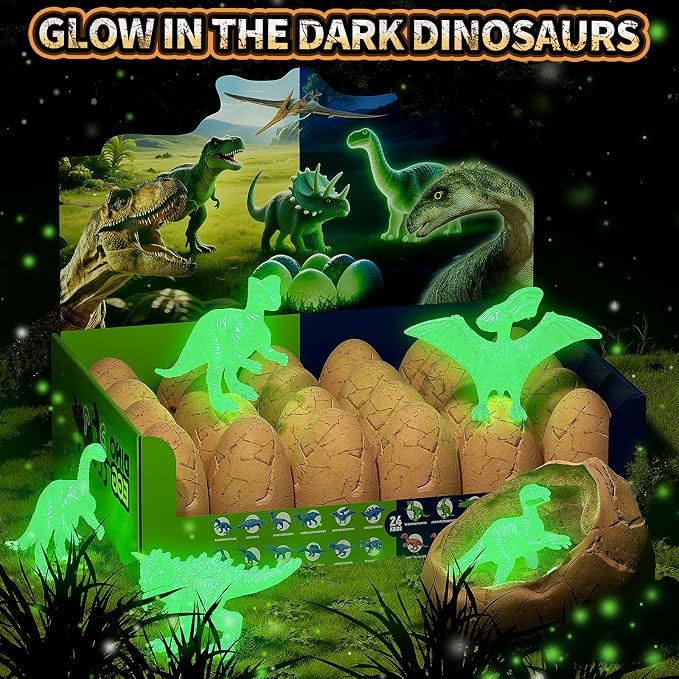 24 Glow in The Dark Dinosaur Eggs, Excavation Kit with Magnifier | Dig Kit Toys for Kids, Easter Basket Stuffers, Science STEM Party Favor Gifts for Boys Girls Age 3 4 5 6 7 8 9 10 + Years Old