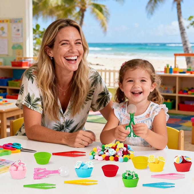 EZdhuawuse Summer Sensory Bin Fillers - 268Pcs Summer Beach Fine Motor Toys Counting Sorting for Kids, Felt Beach Ball Palm Tree Pom Poms Cup Clip for Preschool Education Birthday Gift Party Favors
