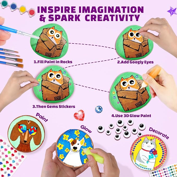 Rock & Wood Painting Kit for Kids Creative Arts & Crafts Set for Boys Girls | Paint wooden shapes and rocks with vibrant colors to create beautiful crafts, Perfect for birthdays classrooms and family fun