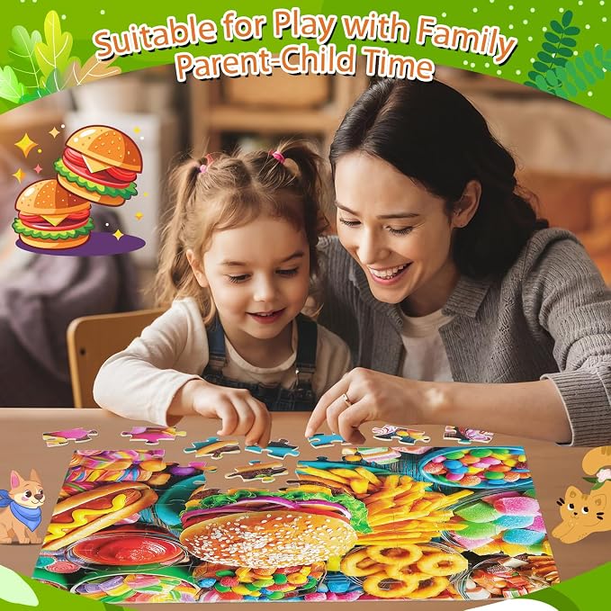 4 Packs 100 Piece Puzzles for Kids Ages 4-6 6-8 8-10, Mermaid Dogs Cats Hamburger Educational Jigsaw Puzzles, Birthday Kids Gifts for Boys Girls Teens Adults Kids Puzzles 4-6 5-8