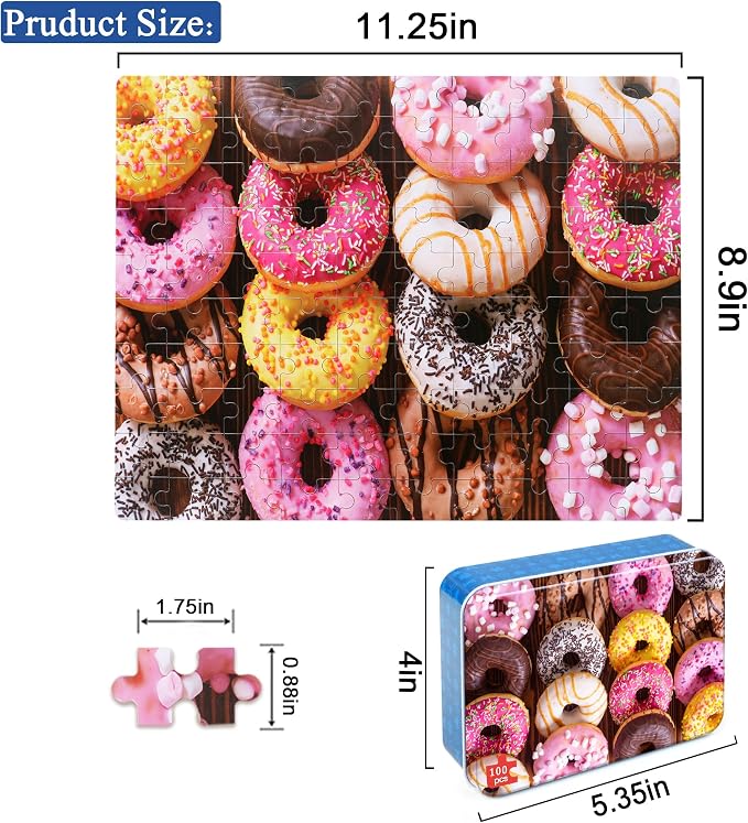 LELEMON 100 Pieces Donut Jigsaw Puzzle for Kids Ages 4-8 Sweet Colorful Donut Jigsaw Puzzles in a Metal Box Children Boys Girls Learning Educational Puzzles Toys