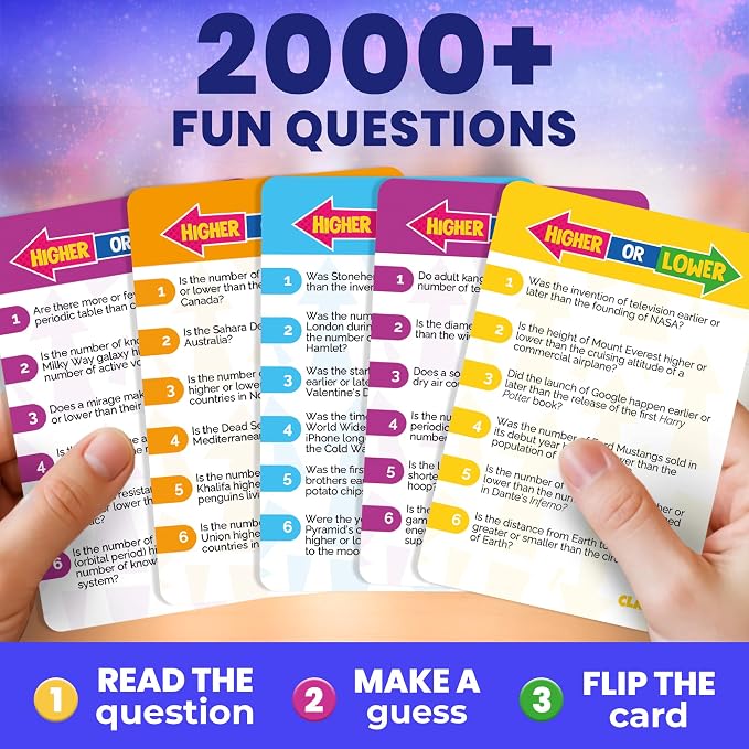 QUOKKA Trivia Board Games for Kids and Adults – 4xSET Family Board Games for Game Night – Higher or Lower Trivia Cards for Kids 8-12 - Challenge History, Science, Geography & More for Families & Teens