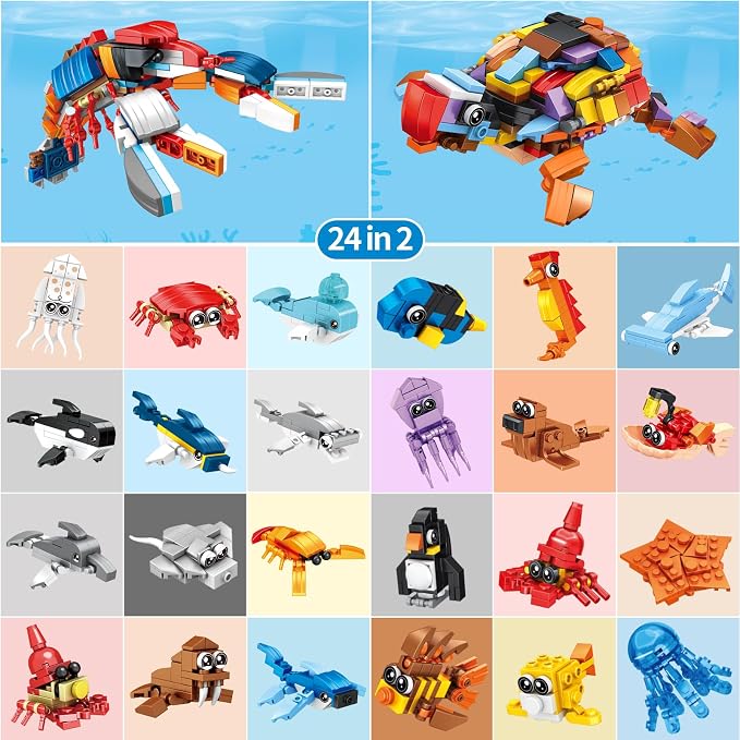 Zitetbolo Party Favors for Kids - 24 Pack Ocean Animals Building Block Toy Goodie Bags Fillers Classroom Prizes Stuffers Gifts Building Set, Christmas Birthday Gift for Boys Girls Ages 6-12