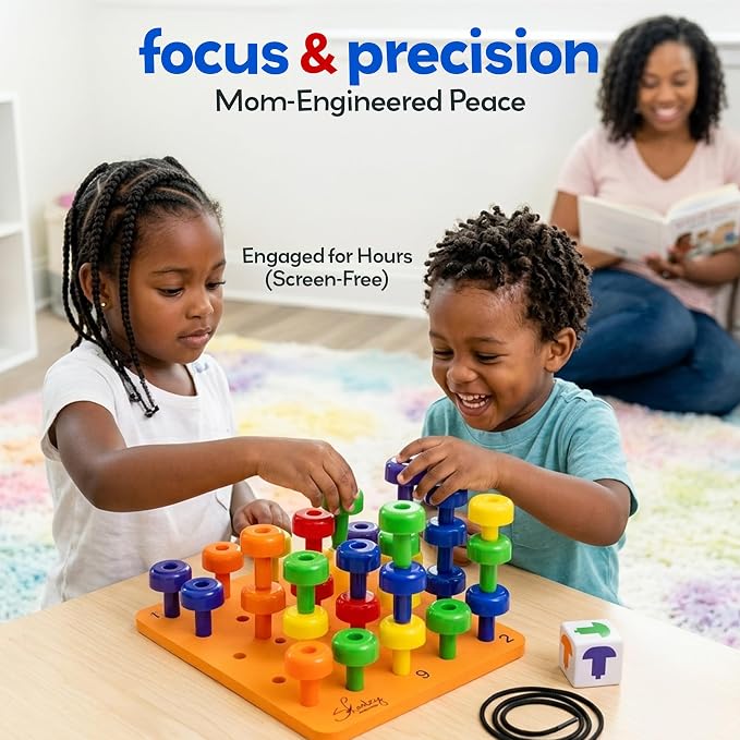 Montessori Sensory Pegboard, 33 Pc, STEM Learning, Ages 2+ | Occupational Therapy STEM Learning Educational Toys for Kids 2+ Includes Foam Board, Lacing String, Dice, Storage Bag, eBook