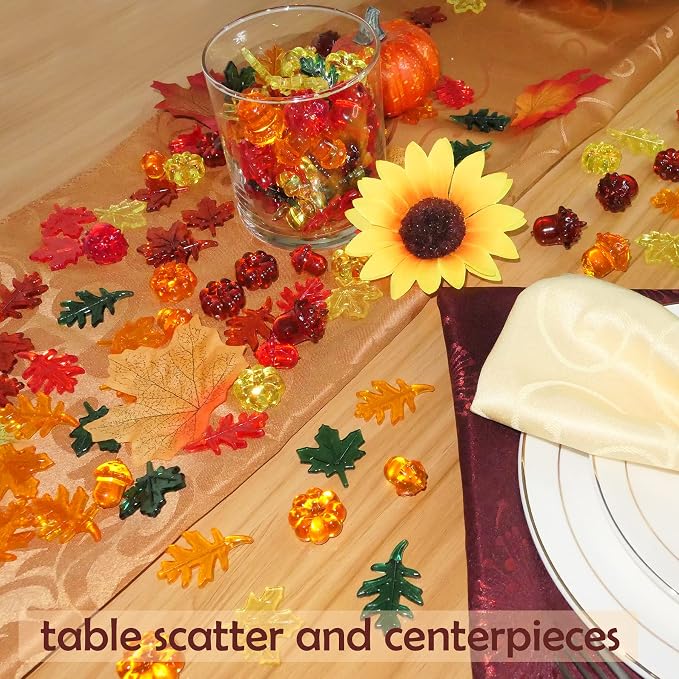 HADDIY Fall Vase Filler 165pcs Pumpkin Mini Leaves Gems Sensory Bin Fillers | autumn Acrylic Acorn for craft Thanksgiving Table Scatters,Centerpieces Table Decorations,Counting,bow and jar fillers
