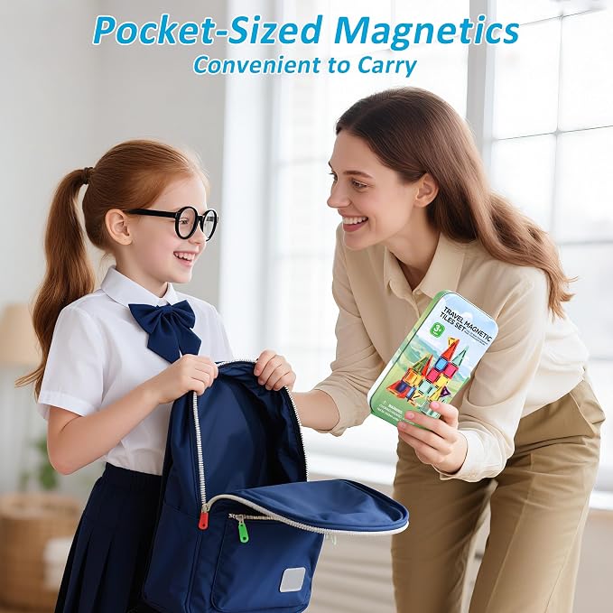 BENOKER Mini Magnetic Tiles Travel STEM Toy with Iron Box for Boys & Girls | Creative magnetic building tiles, open-ended educational STEM toy, great birthday gift for toddler boys and girls