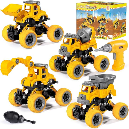 LUDILO Take Apart Construction Toys for 4 Year Old Boys Gifts Toys Age 4-6 | 4PCS Excavator Toy with Electric Drill/Kids Toy Boys 3-5/Building Learning Stem Toys for 3 4 5 6 7 Year Old Boy Birthday Gift