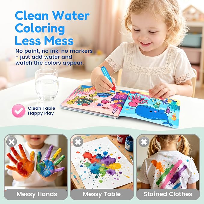 JoyCat Paint with Water Coloring Book for Toddlers, Reusable (Ocean) | Water Coloring Books with Water Pens, No Mess Travel Toy for Kids to Develop Creativity,Educational Learning Kits Gifts