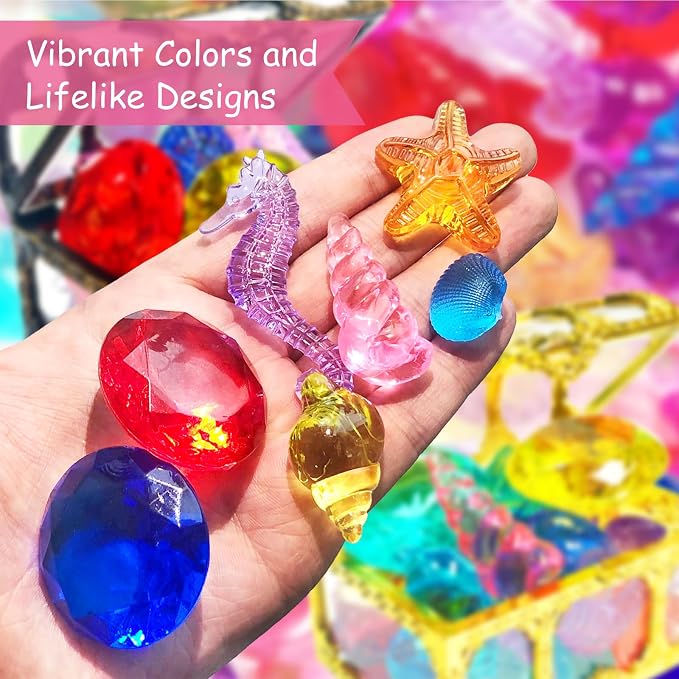 60Pcs Diving Gems Pool Toys Big Colorful Diamonds Set with Treasure Chest | Fake Plastic Acrylic Crystal Seashell & Gemstones, Underwater Mermaid Hunt Pirate Treasure Games for Kids, Gold and Bronze