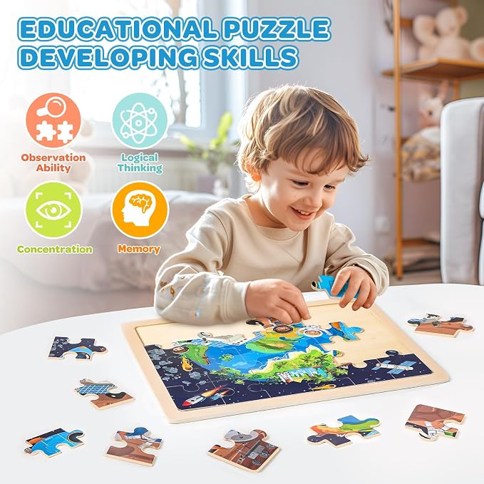 4-Pack Wooden Puzzles for Kids Ages 3-5, 24-Piece Geography Space Set | Toddler Puzzles Ages 3-5, Preschool Puzzles with Wooden Jigsaw Boards for Fine Motor Skills, Shape Recognition and Travel