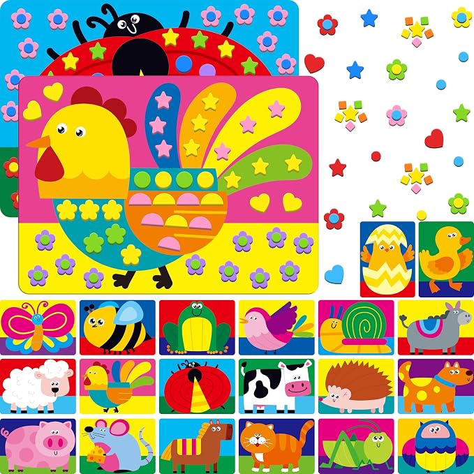 SpriteGru Foam Sticker Art Activity, 20 Farm Animal Art Boards with 1660 Foam Stickers in 10 Colors, Funny DIY Activity Creative Craft Kits Travel Game for Kids, Boys & Girls
