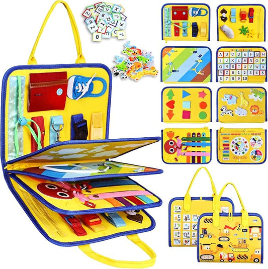 Esjay Busy Board Montessori Toys for Boys Girls, Sensory Book Educational Activities for Learning Fine Motor Skills, Birthday Gifts, Travel Toys for Airplane Car,Yellow Multipages