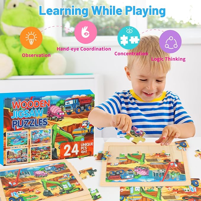 Puzzles for Kids Ages 4-6, 4-Pack 24-Piece Wooden Kids Puzzles | Construction Vehicle Themes | Educational Puzzles for Kids Ages 3-5, Age-Appropriate Learning Toys, Ages 3+