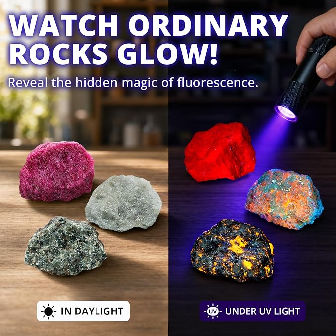 PIBEX Fluorescent Rock Science Kit, 6 Glowing Rocks, with UV Flashlight | 365nm UV Reactive Minerals ~1.5" Each, Fluorescence Experiment, Light-up Science Toy, STEM Geology Gift for Kids Ages 6-8-12