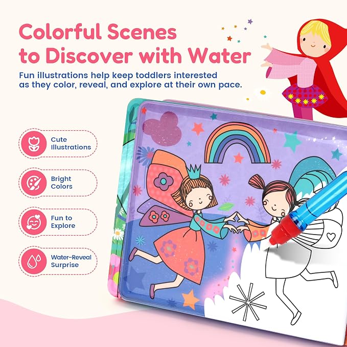 JoyCat Paint with Water Coloring Book for Toddlers, Reusable (Fairy) | Water Coloring Books with Water Pens, No Mess Travel Toy for Kids to Develop Creativity,Educational Learning Kits Gifts