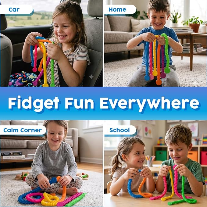 BUNMO Stretchy Strings - Sensory Toys - Stimulating & Fun Sensory Toys for Kids - Fidget Toy - Hours of Fun for Kids - Non-Mouthable Toy 3+ - Textured 6 Pack