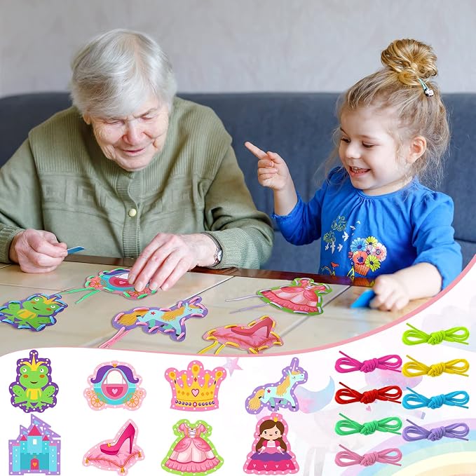 Zonon 8 Pcs Kids Lacing Cards Sewing Cards in 8 Patterns Princess Castle Sewing Kit Lacing Toy Game Favors for Preschool Developing Imagination Education Supplies Kids Children Toddler Ages