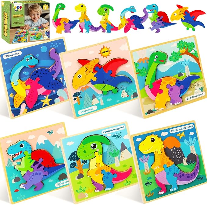 TOY Life 6-Pack Wooden Dinosaur Puzzles for Kids Ages 3-5 | Six colorful designs, easy-grip pieces, fine-motor practice, quiet travel activity, birthday gift