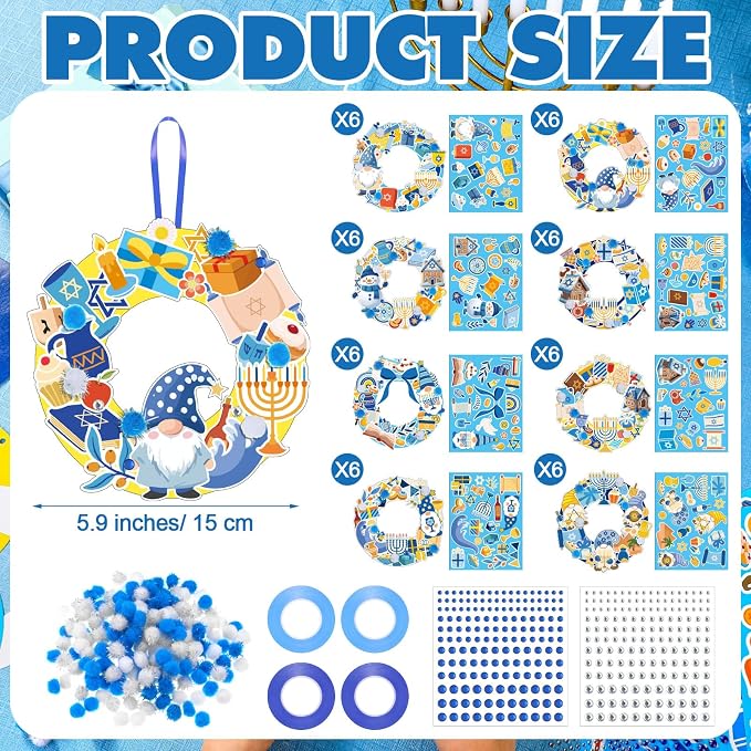 Hollowfly 48 Sets Hanukkah Wreath Craft Kits DIY Menorah Ornaments | Make Your Own with Stickers, For Kids Classroom Party Activities, Hanukkah Themed Hanging Decor, Home Celebration