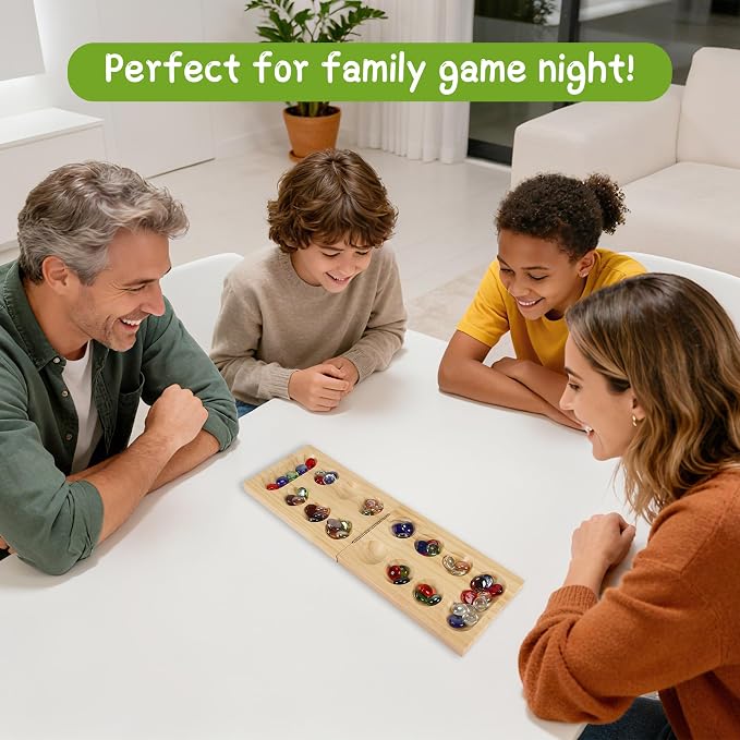 Offelec Mancala Board Game Set, Wooden Folding Board with 48 Colorful Glass Stones | Portable Travel Games for Adults | Classic 2 Player Strategy Game for Family Night