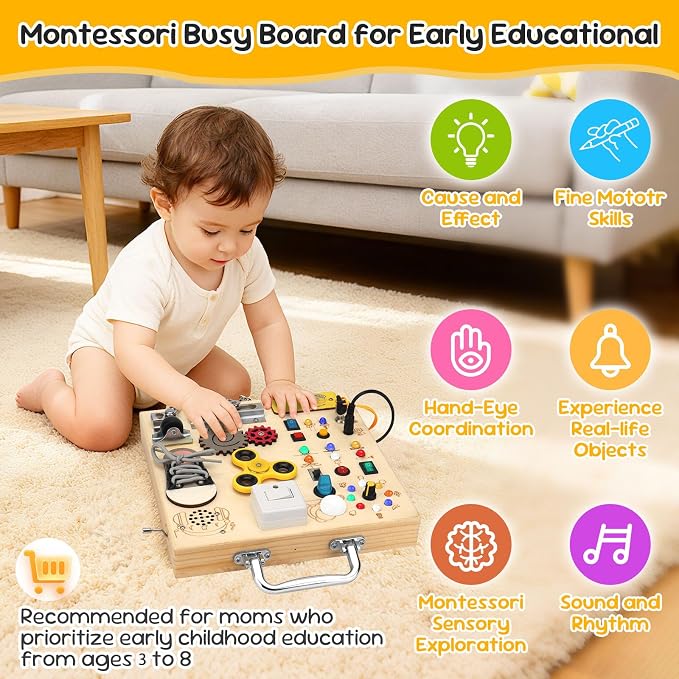 Montessori Busy Board for Toddlers, Sensory Activity & LED Lights Switches | Wooden Busy Board with Music Boxes & Locks & 17 LED Lights, Travel Educational Toy, Birthday Gift for Boys & Girls