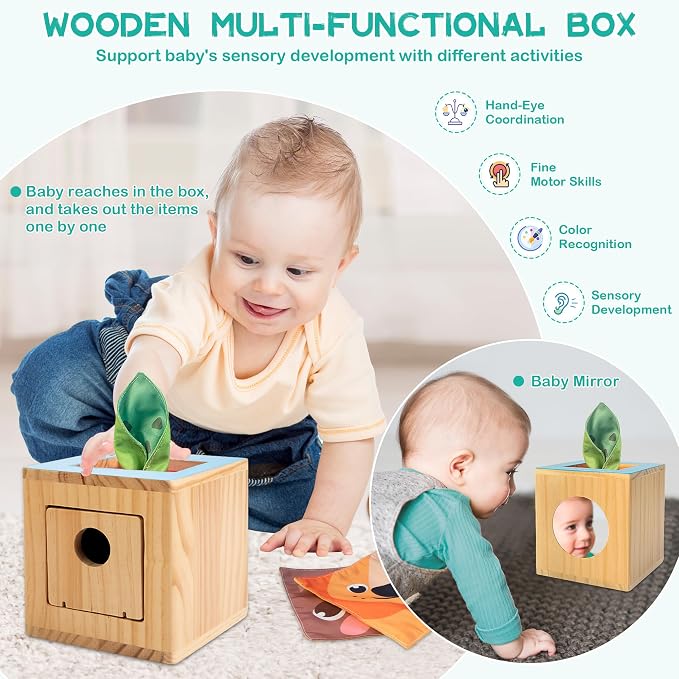 WOODMAM Montessori Toys for Babies 0-6 Months, 9 in 1 Educational Play Kit | Infant Toys 0-6 Months, High Contrast Cards, Baby Tissue Box Toy, Spinning Drum, Teether, Baby Gifts for Newborn 0-3-6 Months