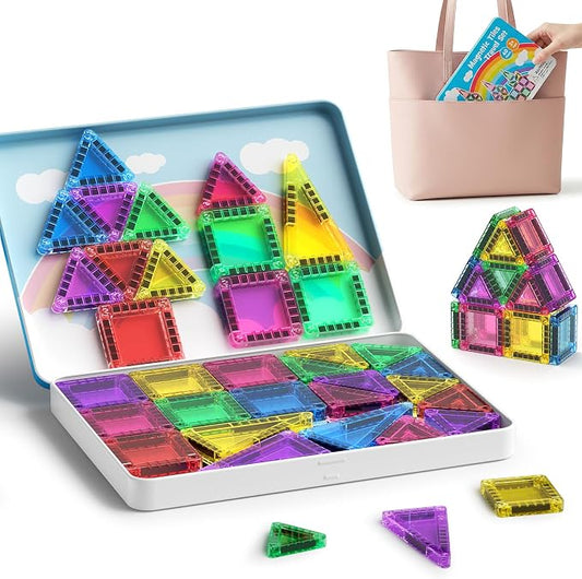 Magnetic Tiles for Kids 60 Mins Quiet Play at Church Restaurant | 40 PCS Pocket Magnet Building Blocks in Tin Box to Stop Crying- Boys Girls Age 3-8